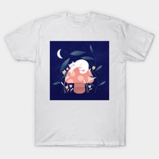 Cute white cat, mushroom and curious flowers, version 5 T-Shirt